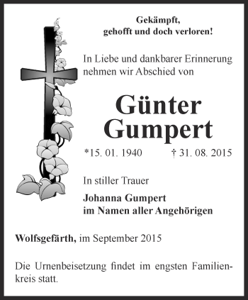 Traueranzeige von Günter Gumpert von Ostthüringer Zeitung