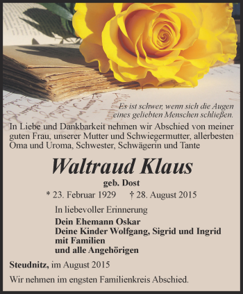 Traueranzeige von Waltraud Klaus von Ostthüringer Zeitung, Thüringische Landeszeitung