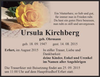 Traueranzeige von Ursula Kirchberg von Thüringer Allgemeine, Thüringische Landeszeitung