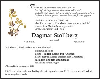 Traueranzeige von Dagmar Stollberg von Thüringer Allgemeine, Thüringische Landeszeitung