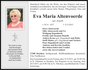 Traueranzeige von Eva Maria Altenvoerde von Thüringer Allgemeine