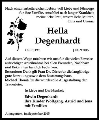 Traueranzeige von Hella Degenhardt von Thüringer Allgemeine, Thüringische Landeszeitung