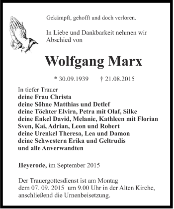 Traueranzeige von Wolfgang Marx von Thüringer Allgemeine, Thüringische Landeszeitung