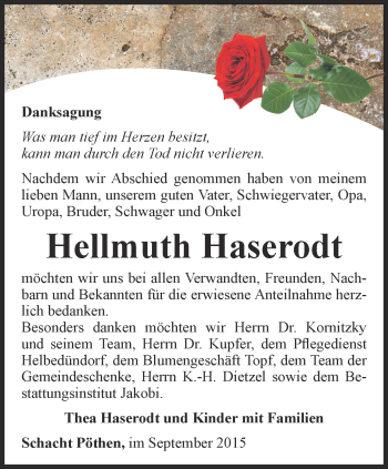 Traueranzeige von Hellmuth Haseroth von Thüringer Allgemeine, Thüringische Landeszeitung