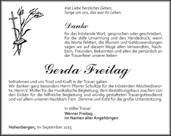 Traueranzeige von Gerda Freitag von Thüringer Allgemeine, Thüringische Landeszeitung