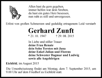 Traueranzeige von Gerhard Zunft von Ostthüringer Zeitung