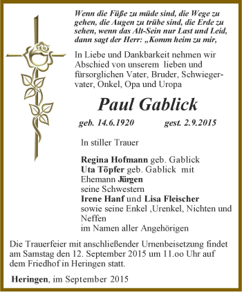 Traueranzeige von Paul Gablick von Thüringer Allgemeine