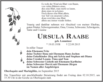 Traueranzeige von Ursula Raabe von Ostthüringer Zeitung