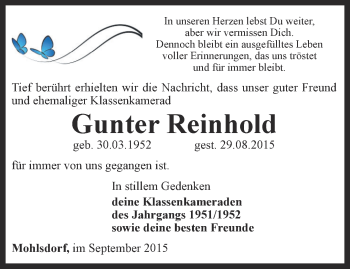 Traueranzeige von Gunter Reinhold von Ostthüringer Zeitung