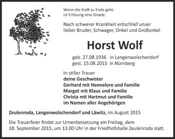 Traueranzeige von Horst Wolf von Ostthüringer Zeitung