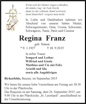 Traueranzeige von Regina Franz von Thüringer Allgemeine