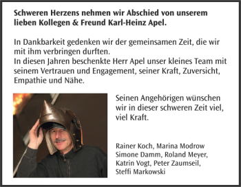 Traueranzeige von Karl-Heinz Apel von Ostthüringer Zeitung