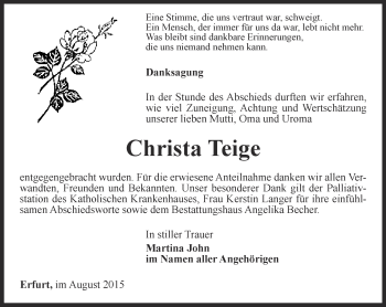 Traueranzeige von Chista Teige von Thüringer Allgemeine, Thüringische Landeszeitung