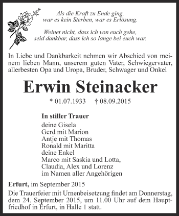 Traueranzeige von Erwin Steinacker von Thüringer Allgemeine, Thüringische Landeszeitung