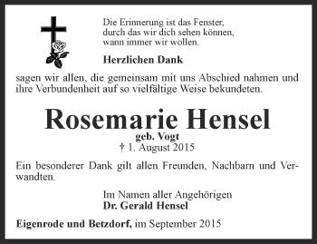 Traueranzeige von Rosemarie Hensel von Thüringer Allgemeine, Thüringische Landeszeitung