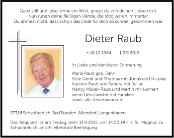 Traueranzeige von Dieter Raub von Thüringer Allgemeine