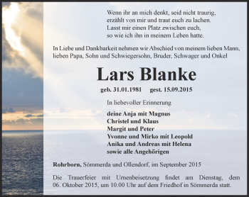 Traueranzeige von Lars Blanke von Thüringer Allgemeine