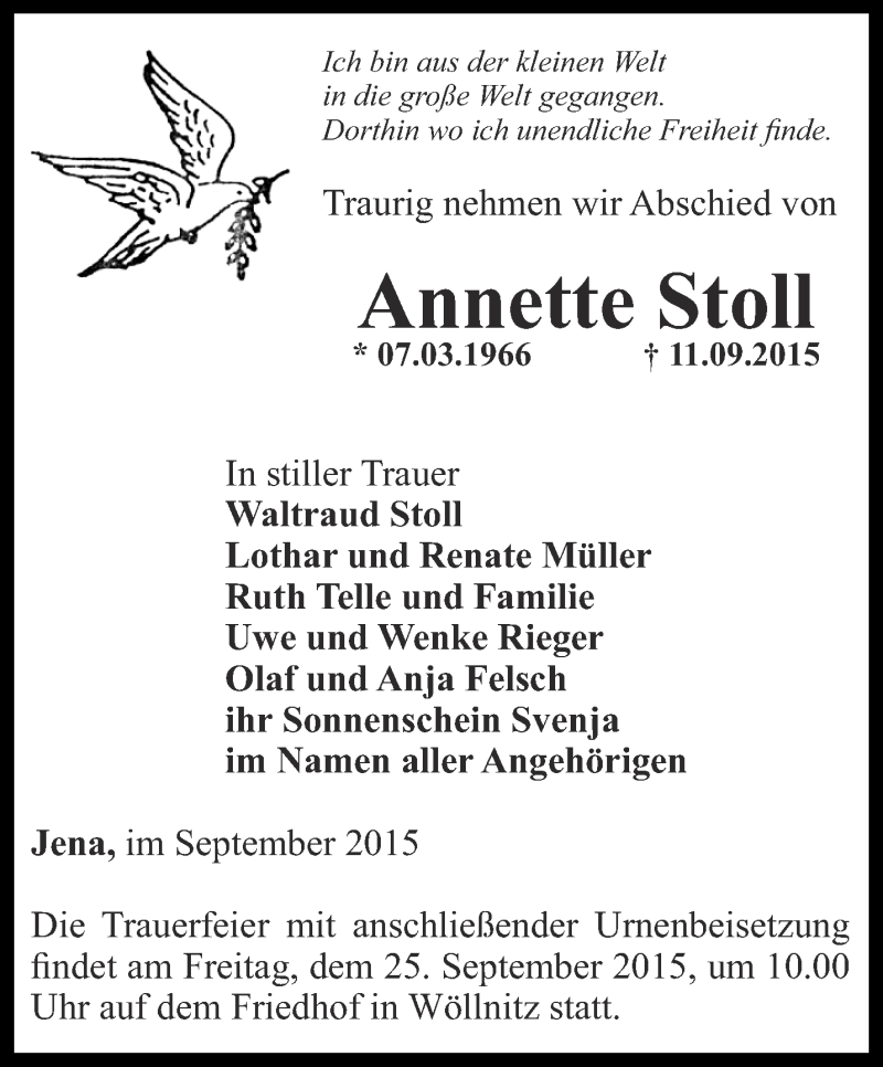  Traueranzeige für Annette Stoll vom 19.09.2015 aus Ostthüringer Zeitung, Thüringische Landeszeitung