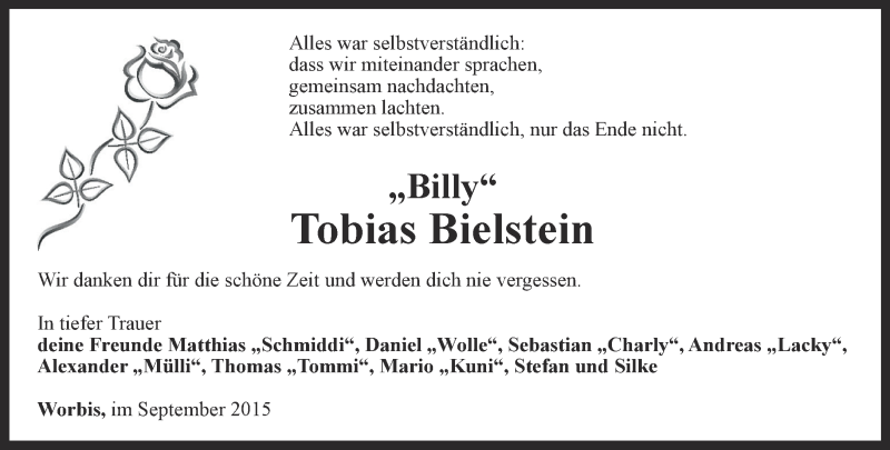  Traueranzeige für Tobias Bielstein vom 17.09.2015 aus Thüringer Allgemeine