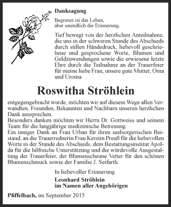 Traueranzeige von Roswitha Stöhlein von Thüringer Allgemeine, Thüringische Landeszeitung