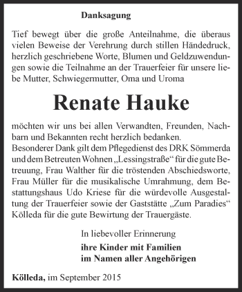 Traueranzeige von Renate Hauke von Thüringer Allgemeine