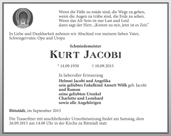 Traueranzeige von Kurt Jacobi von Thüringer Allgemeine