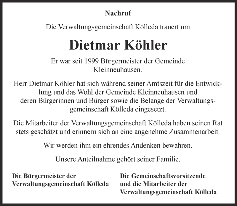  Traueranzeige für Dietmar Köhler vom 23.09.2015 aus Thüringer Allgemeine