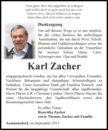 Traueranzeige von Karl Zacher von Thüringer Allgemeine, Thüringische Landeszeitung