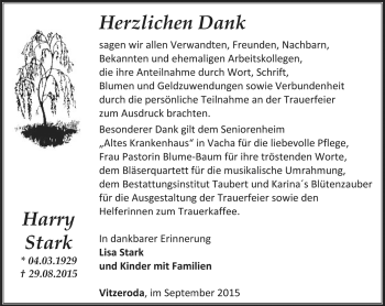 Traueranzeige von Harry Stark von Thüringer Allgemeine, Thüringische Landeszeitung