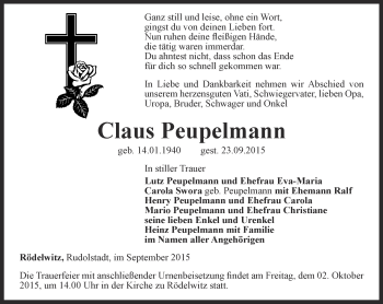 Traueranzeige von Claus Peupelmann von Ostthüringer Zeitung