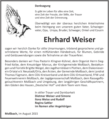 Traueranzeige von Ehrhard Weiser von Ostthüringer Zeitung