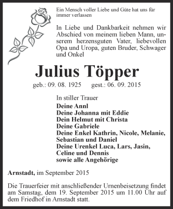 Traueranzeige von Julius Töpper von Thüringer Allgemeine