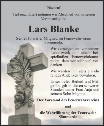 Traueranzeige von Lars Blanke von Thüringer Allgemeine