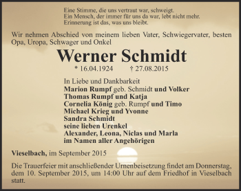 Traueranzeige von Werner Schmidt von Thüringer Allgemeine, Thüringische Landeszeitung