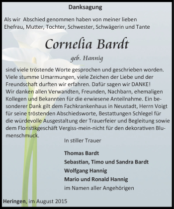 Traueranzeige von Cornelia Bardt von Thüringer Allgemeine