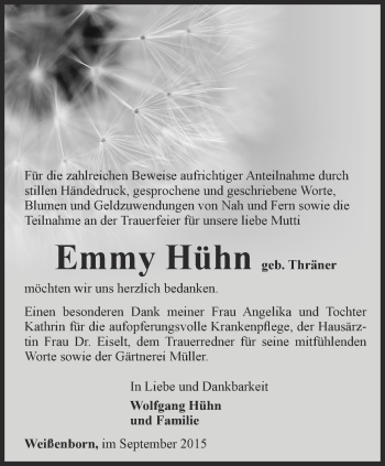 Traueranzeige von Emmy Hühn von Ostthüringer Zeitung
