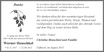 Traueranzeige von Werner Heuschkel von Ostthüringer Zeitung