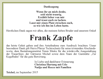 Traueranzeige von Frank Zapfe von Ostthüringer Zeitung