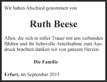 Traueranzeige von Ruth Beese von Ostthüringer Zeitung, Thüringische Landeszeitung