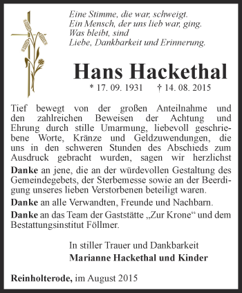Traueranzeige von Hans Hackethal von Thüringer Allgemeine