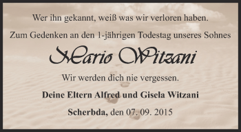Traueranzeige von Mario Witzani von Thüringer Allgemeine, Thüringische Landeszeitung
