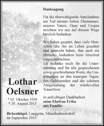 Traueranzeige von Lothar Oelsner von Ostthüringer Zeitung