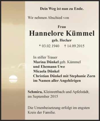 Traueranzeige von Hannelore Kümmel von Thüringer Allgemeine, Thüringische Landeszeitung