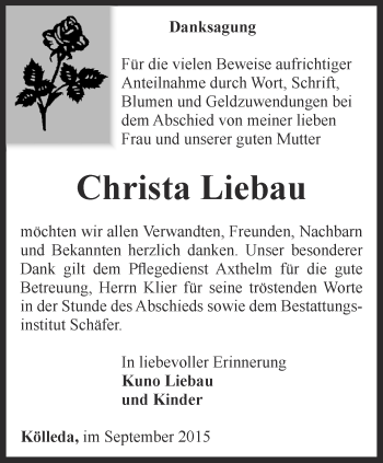 Traueranzeige von Christa Liebau von Thüringer Allgemeine