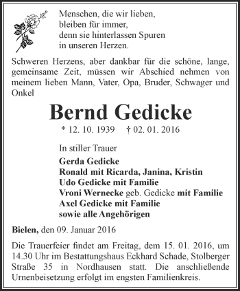 Traueranzeige von Bernd Gedicke von Thüringer Allgemeine