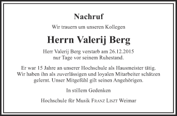 Traueranzeige von Valerij Berg von Thüringer Allgemeine, Thüringische Landeszeitung