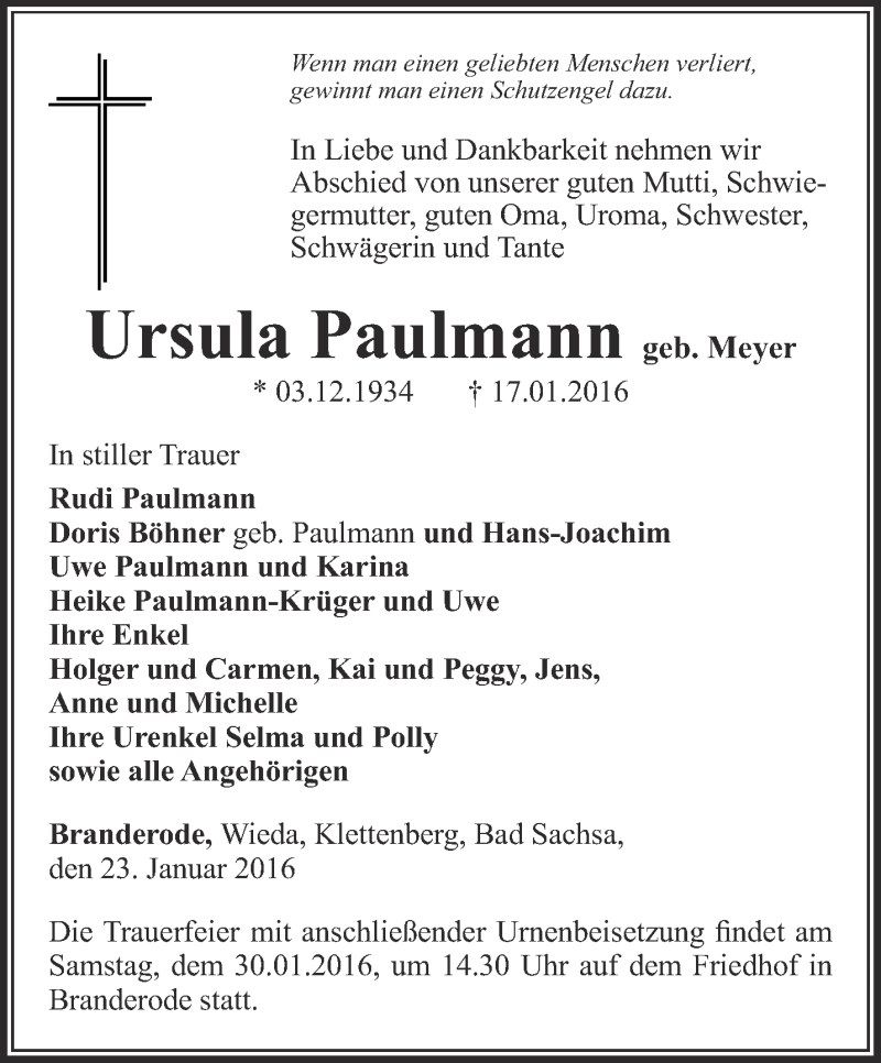  Traueranzeige für Ursula Paulmann vom 23.01.2016 aus Thüringer Allgemeine