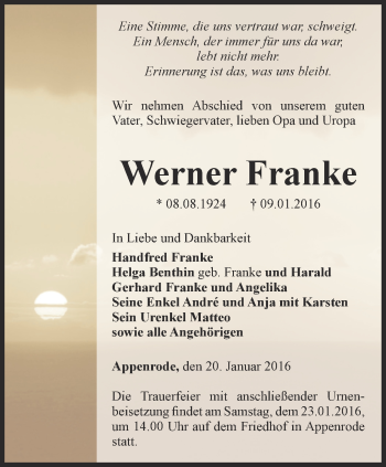 Traueranzeige von Werner Franke von Thüringer Allgemeine