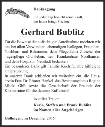 Traueranzeige von Gerhard Bublitz von Thüringer Allgemeine