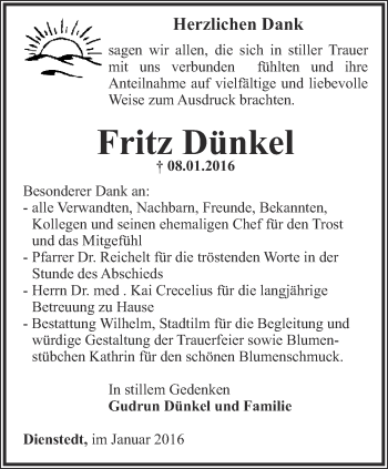 Traueranzeige von Fritz Dünkel von Thüringer Allgemeine